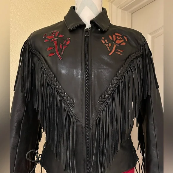 Black Fringe Leather Biker Jacket with Cut Out Rose Details - Picture 2 of 16